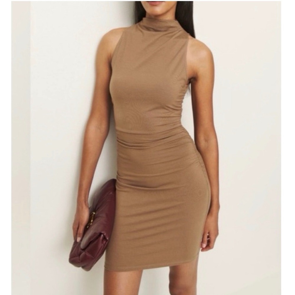 Reformation Jana Knit Dress Nutty Brown Ruched Mock Neck Mini Bodycon Small NEW
